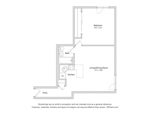 Floor plan for 1 bed, 1 bath, 508 sqft